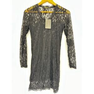 TS Three Seasons black lace sheer bodycon dress v neck long sleeve dress size L